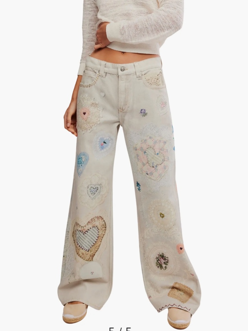 Free People Cream Straight-Leg Jeans with Pastel Heart & Floral Appliqués - Picture 6 of 11
